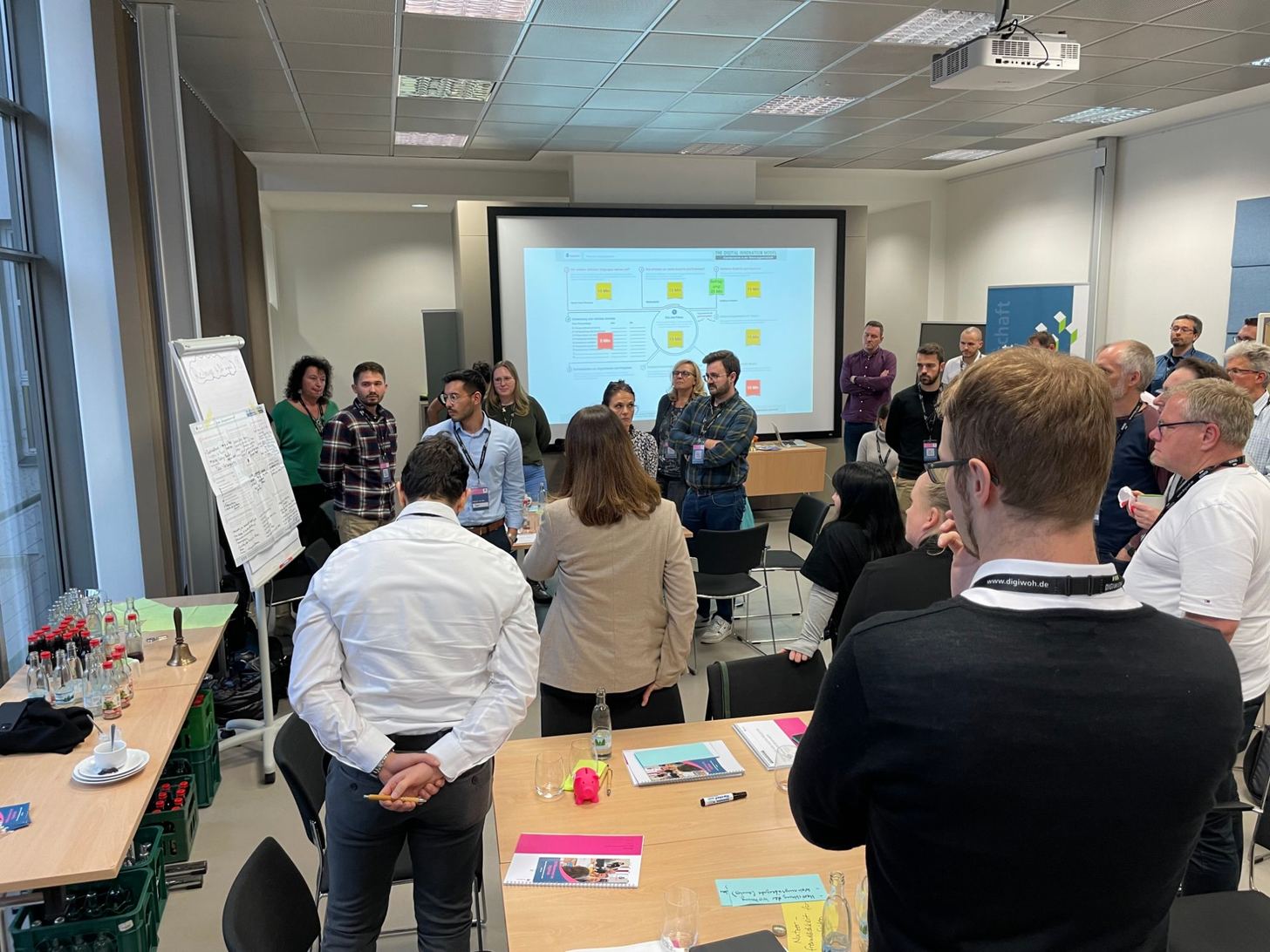 Teilnehmende eines TAIO-Workshops stehen um einen Tisch und vor einer Moderationswand. Auf der Leinwand ist das Digital Innovation Model zu sehen.